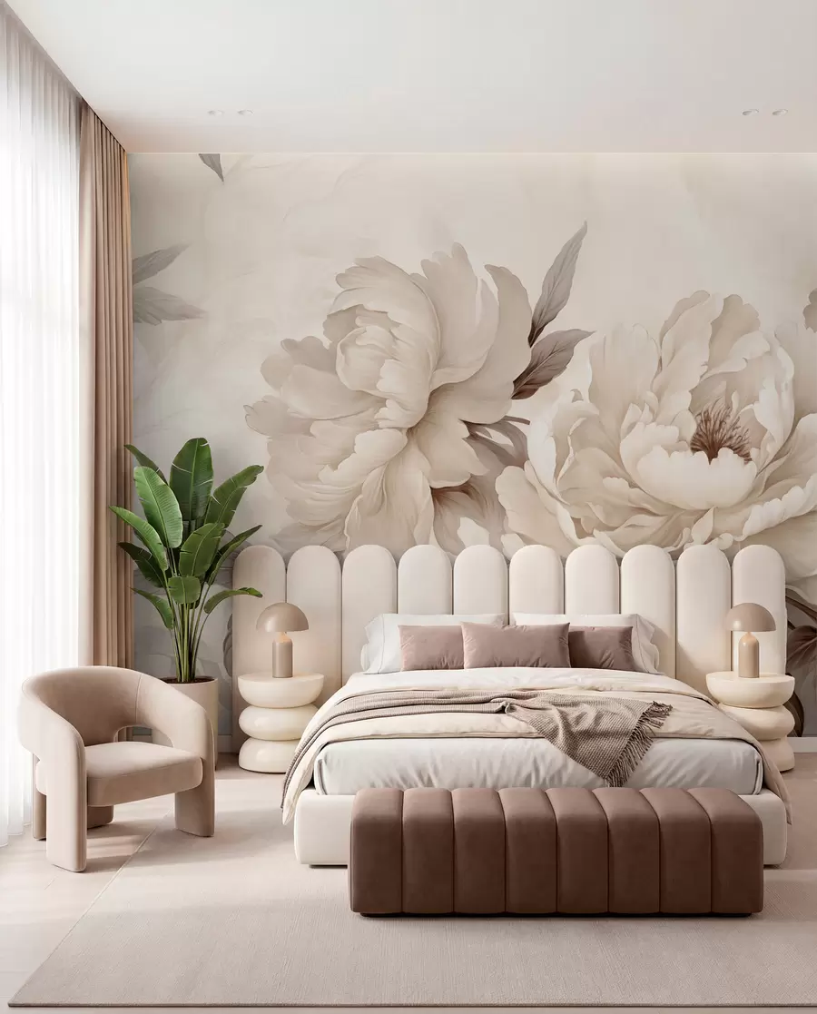 wall murals Delicate peonies in creamy beige tones, with refined details of petals and leaves, creating a warm and sophisticated ambiance w02856v1