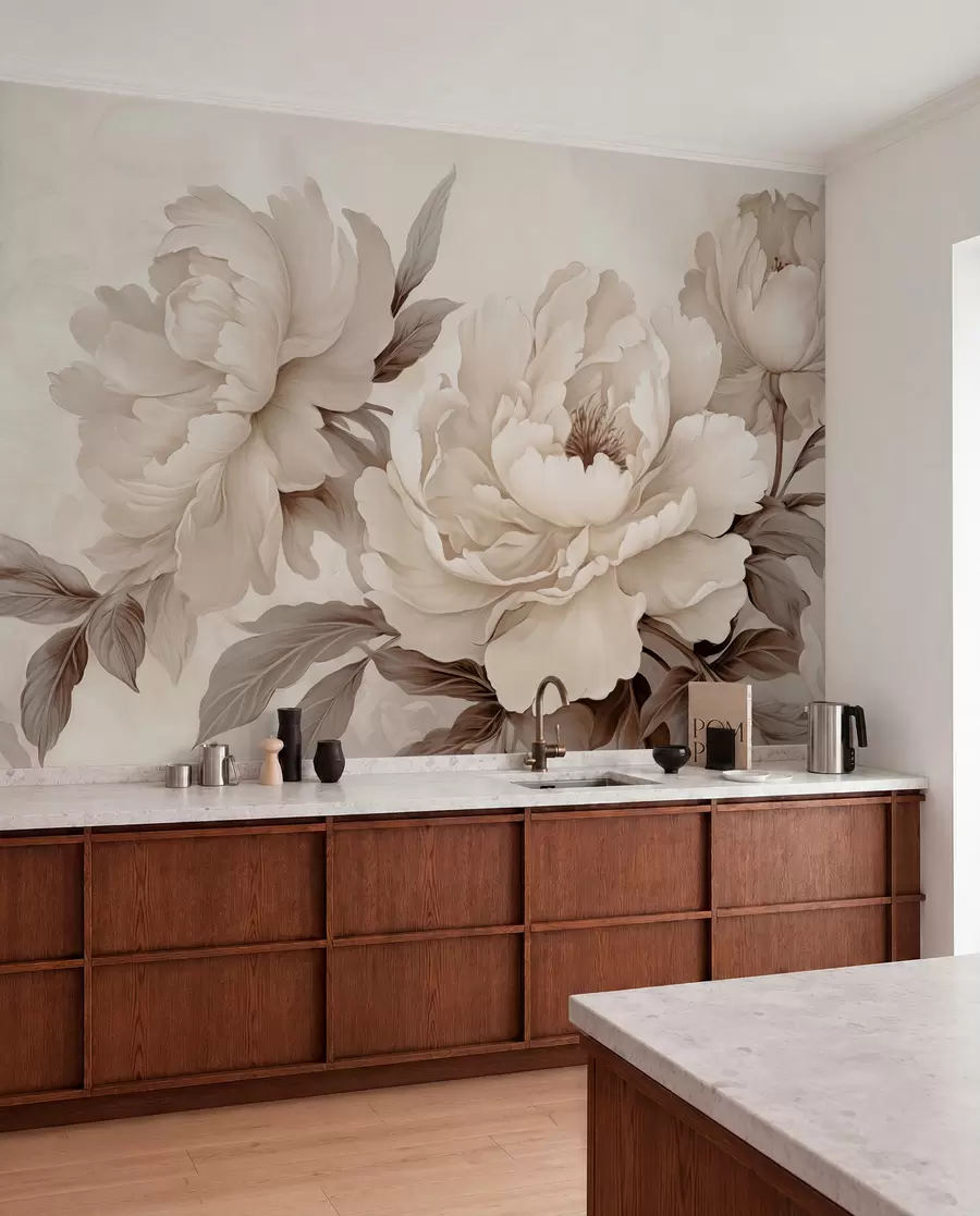 wall murals Delicate peonies in creamy beige tones, with refined details of petals and leaves, creating a warm and sophisticated ambiance w02856v1
