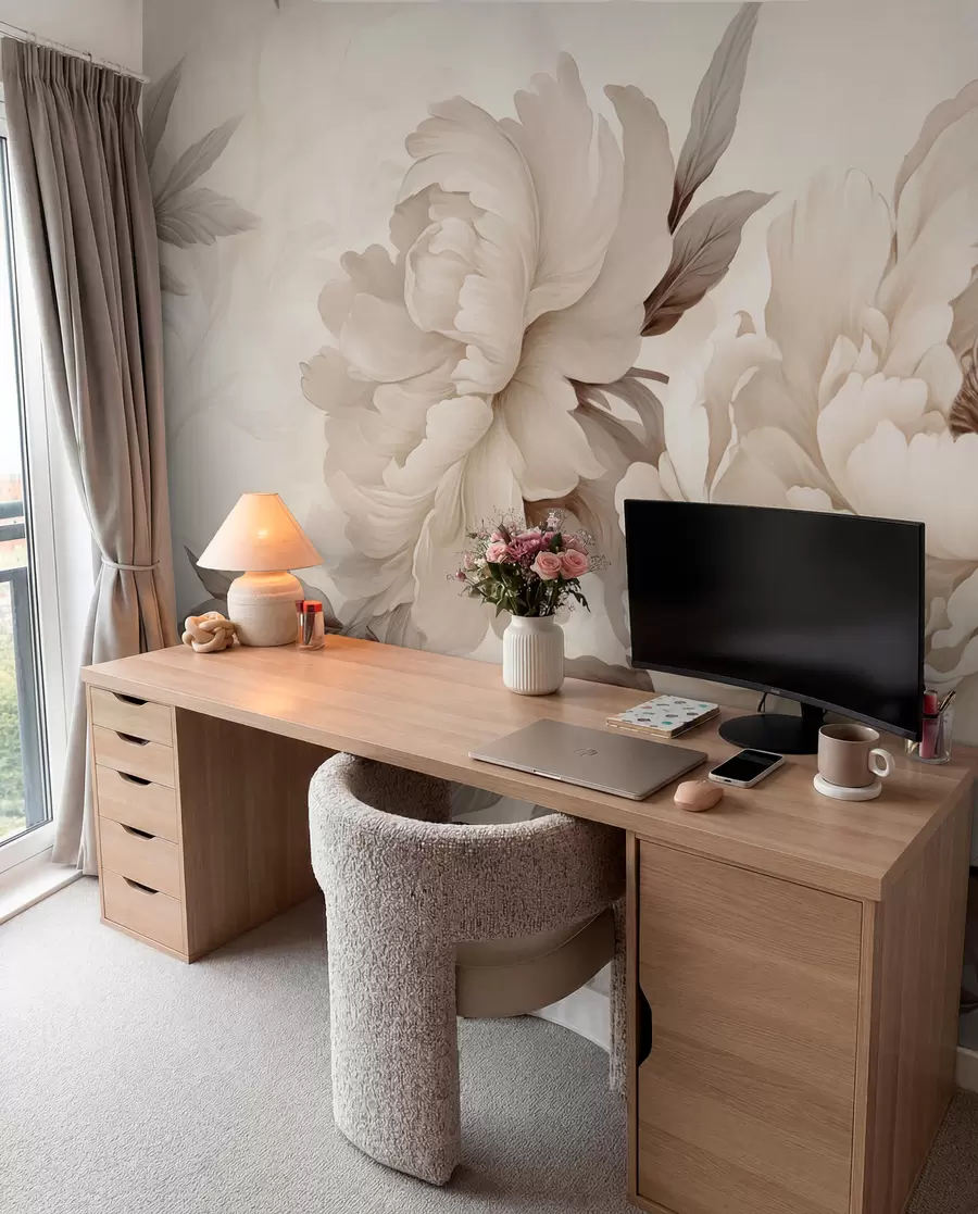 wall murals Delicate peonies in creamy beige tones, with refined details of petals and leaves, creating a warm and sophisticated ambiance w02856v1