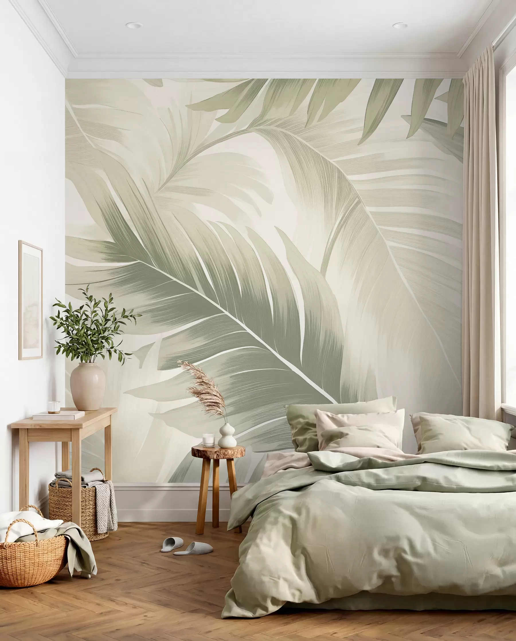wall murals Pattern of large tropical leaves in soft green and beige hues, with smooth gradients and delicate texture details w02858