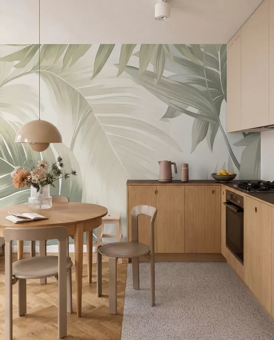 wall murals Pattern of large tropical leaves in soft green and beige hues, with smooth gradients and delicate texture details w02858