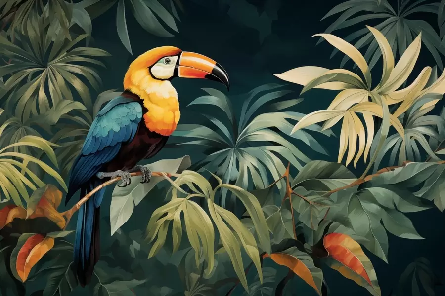 wall murals Tropical scenery with a vibrant toucan perched on a branch, surrounded by lush foliage with large leaves in deep green and yellow hues w02781