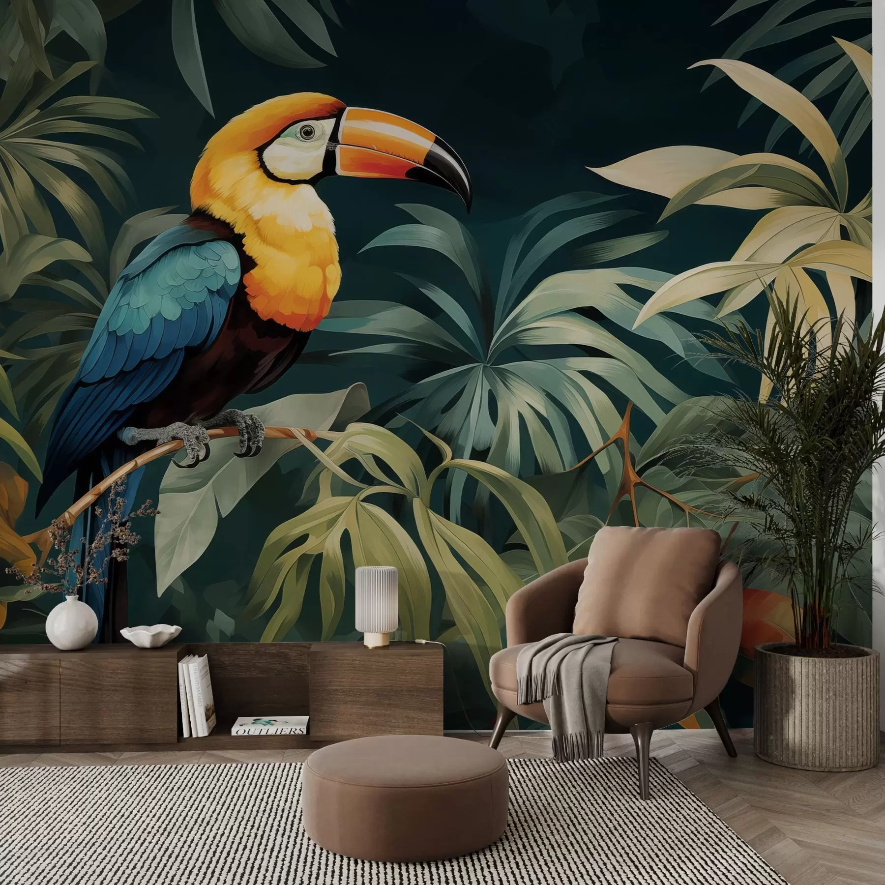 wall murals Tropical scenery with a vibrant toucan perched on a branch, surrounded by lush foliage with large leaves in deep green and yellow hues w02781