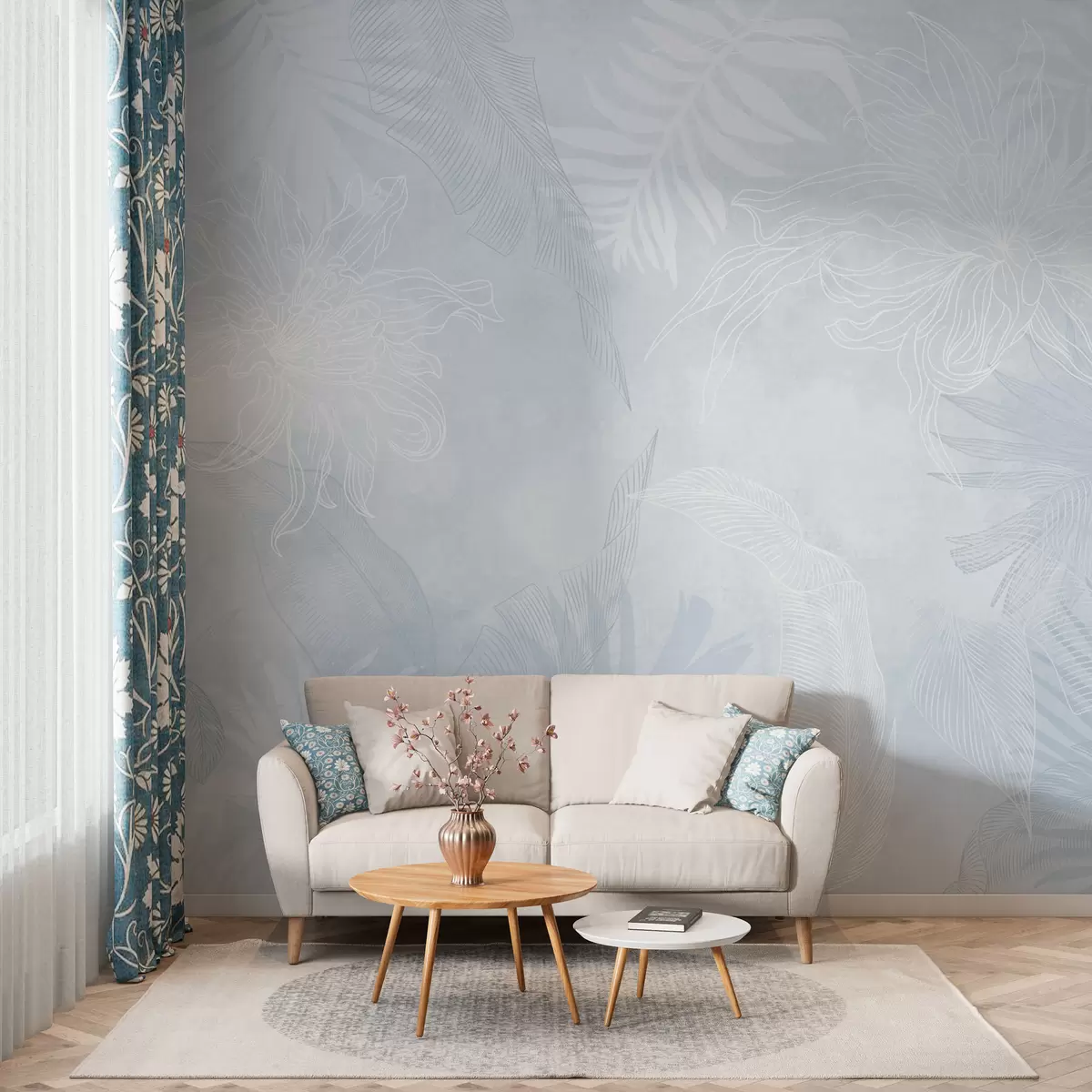 wall murals Grunge effect tropical foliage with a blue tint w02737v3