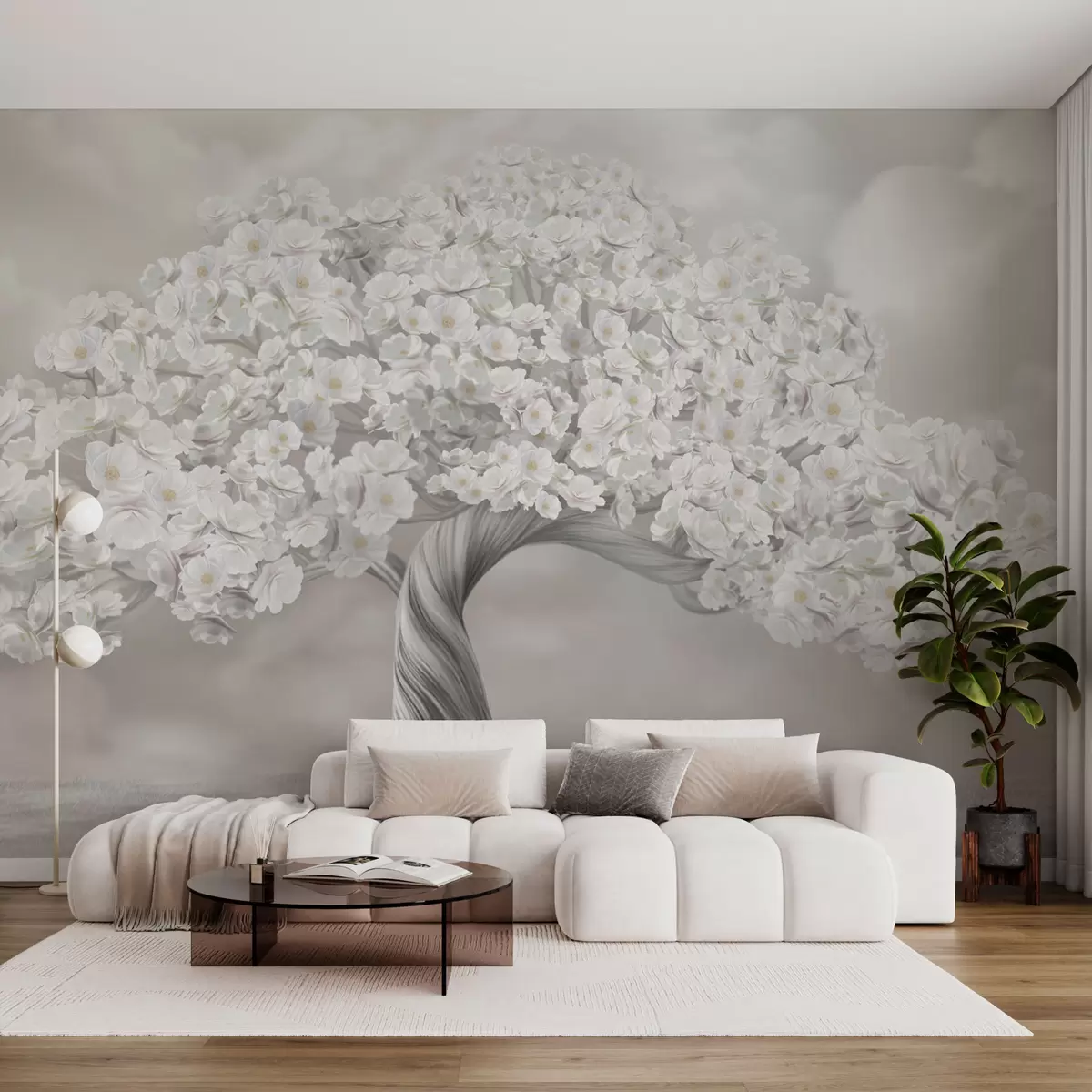 wall murals Large tree in flowers with clouds in the background in pastel colors w02748v1