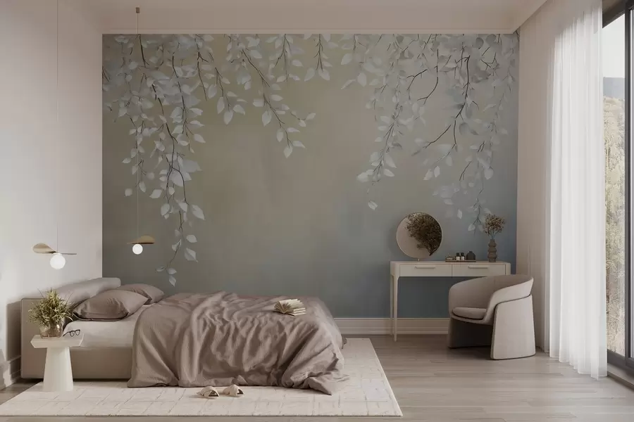 wall murals Delicate branches with white leaves hanging down w02868