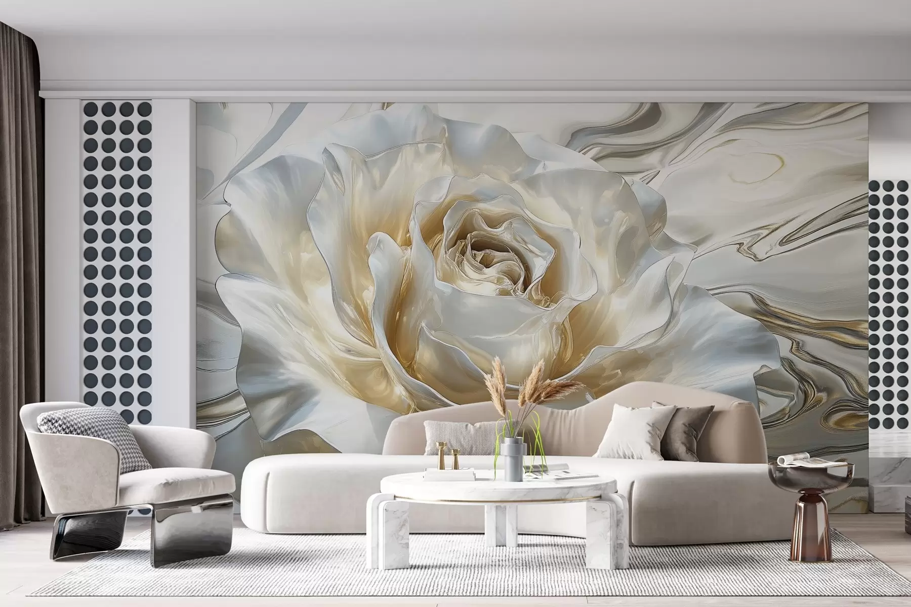 wall murals Large pearl white rose in metallic style w02870