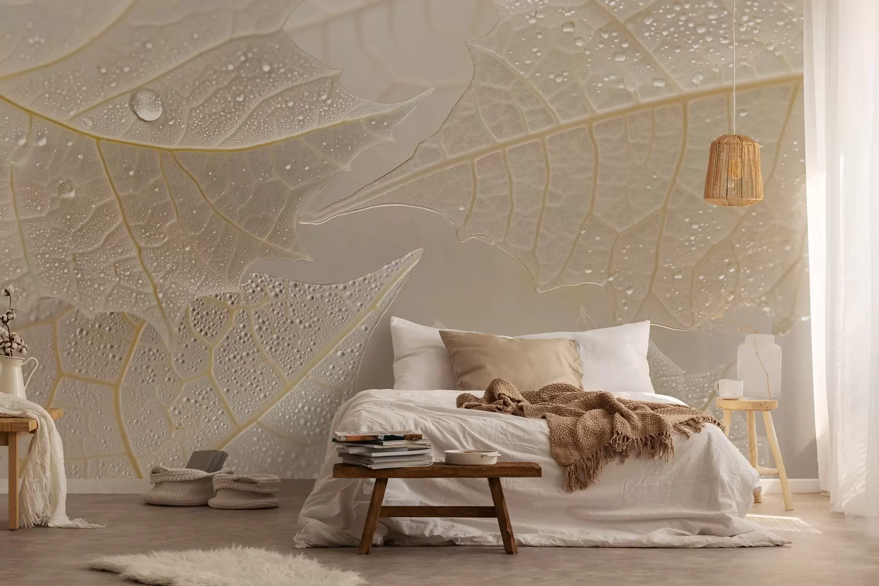 wall murals Close-up of leaves with veins and dewdrops in beige tones w02872