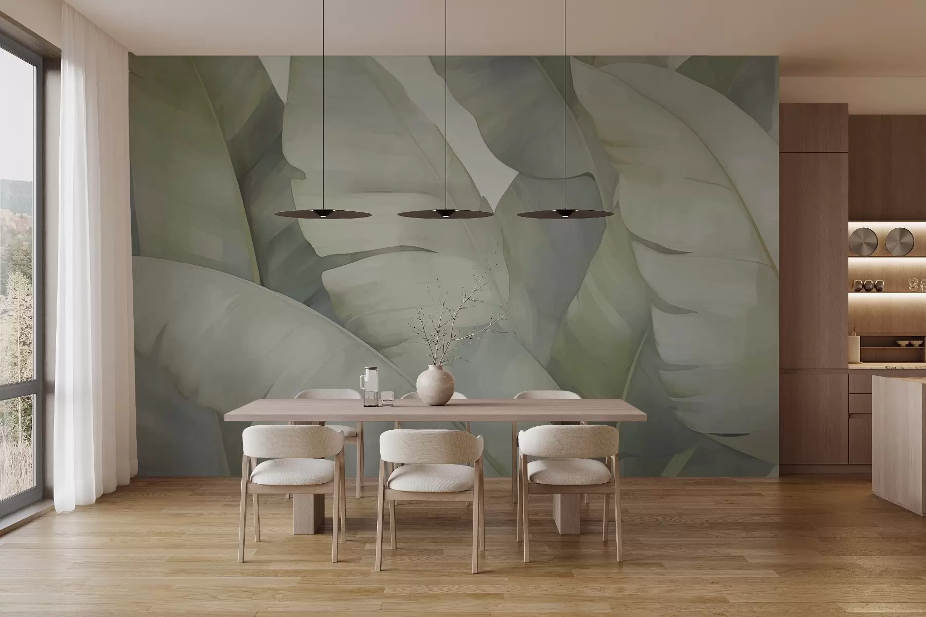 wall murals Banana leaves in pastel with green trim w02778v2