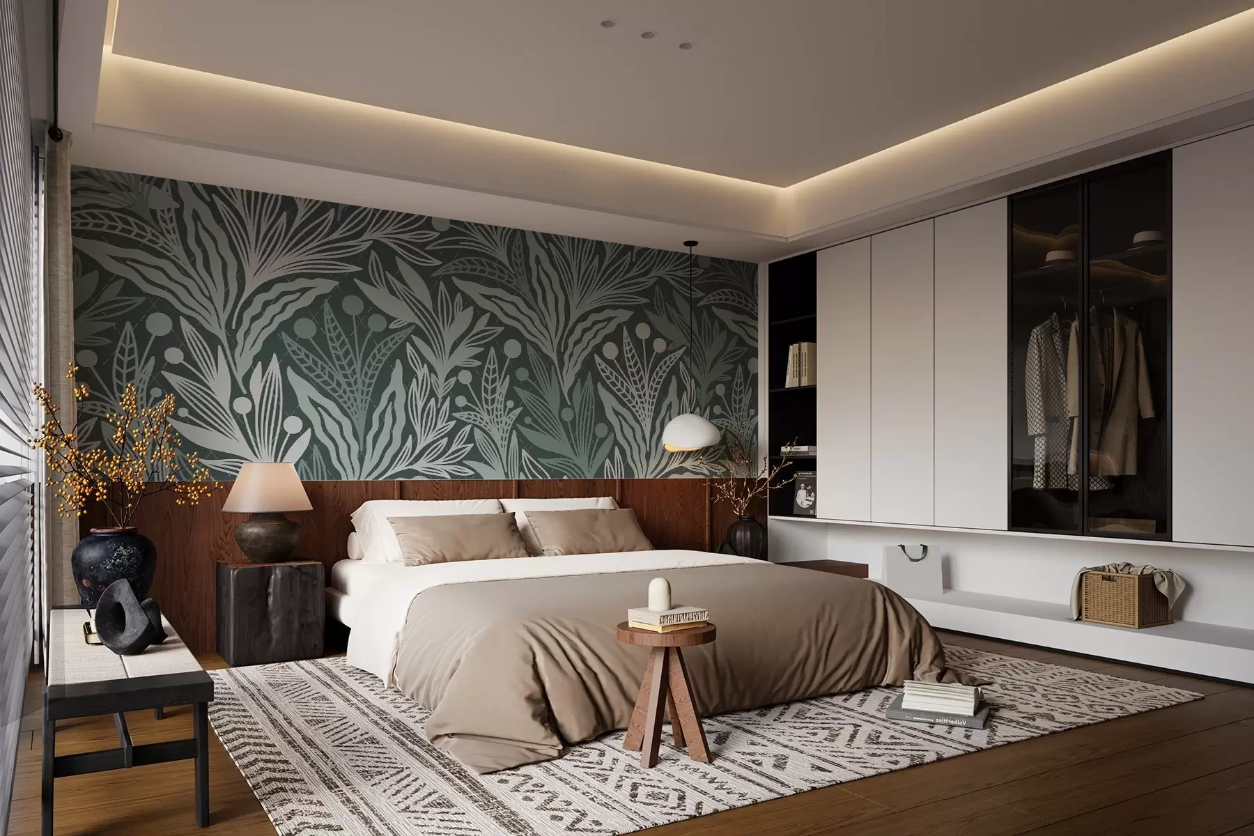 wall murals Delicate graphic leaves in green trim w02783