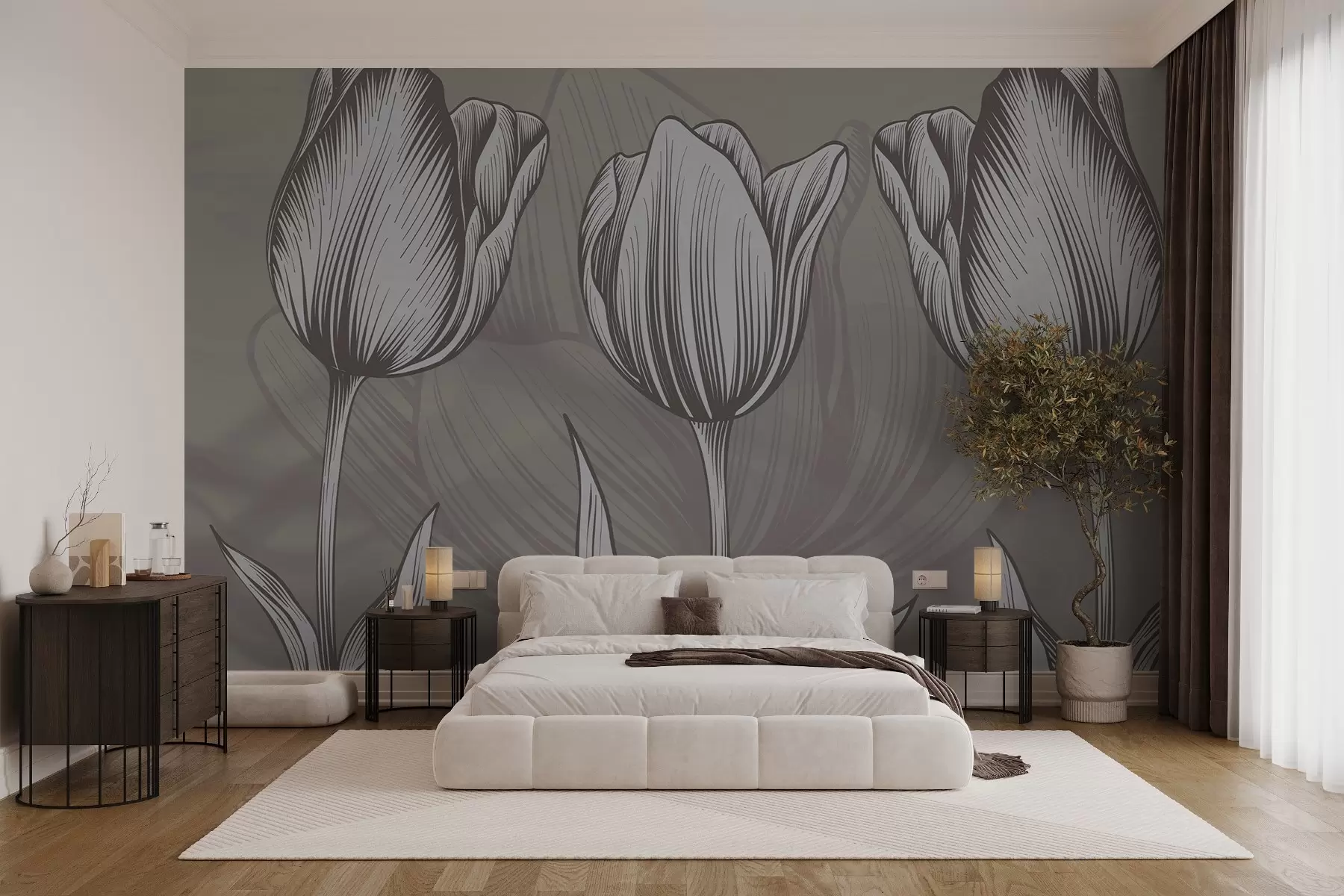 wall murals Elegant tulips on a brown background w02786v3