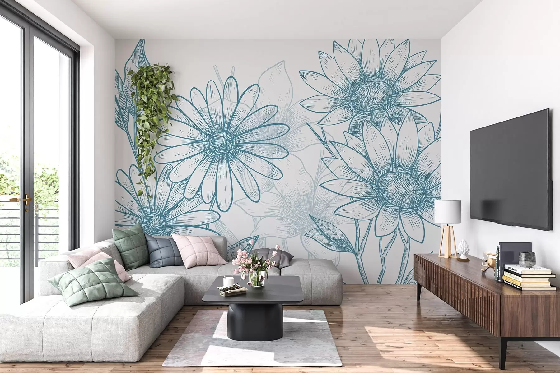 wall murals Daisies in blue sections w02787v1