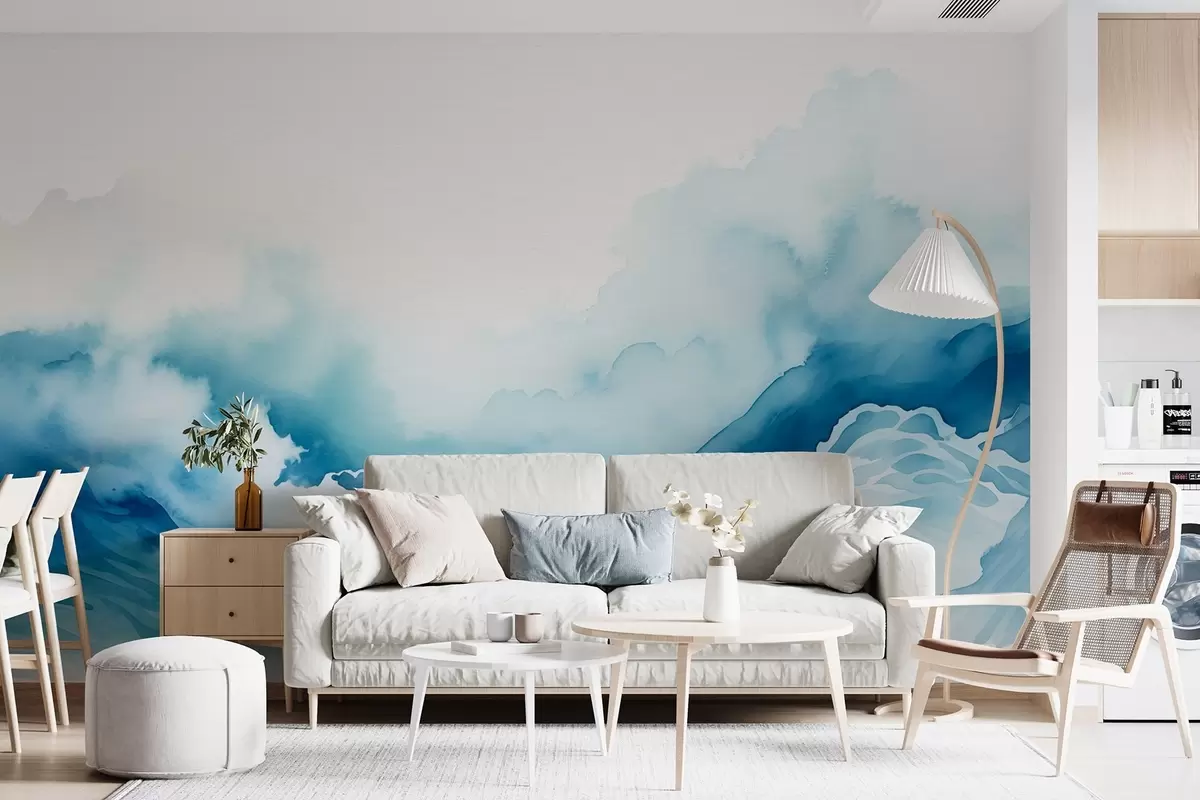 wall murals Ocean waves in watercolor style in blue tones w08655