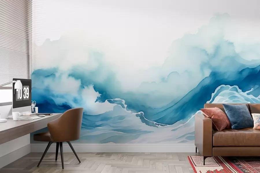 wall murals Ocean waves in watercolor style in blue tones w08655