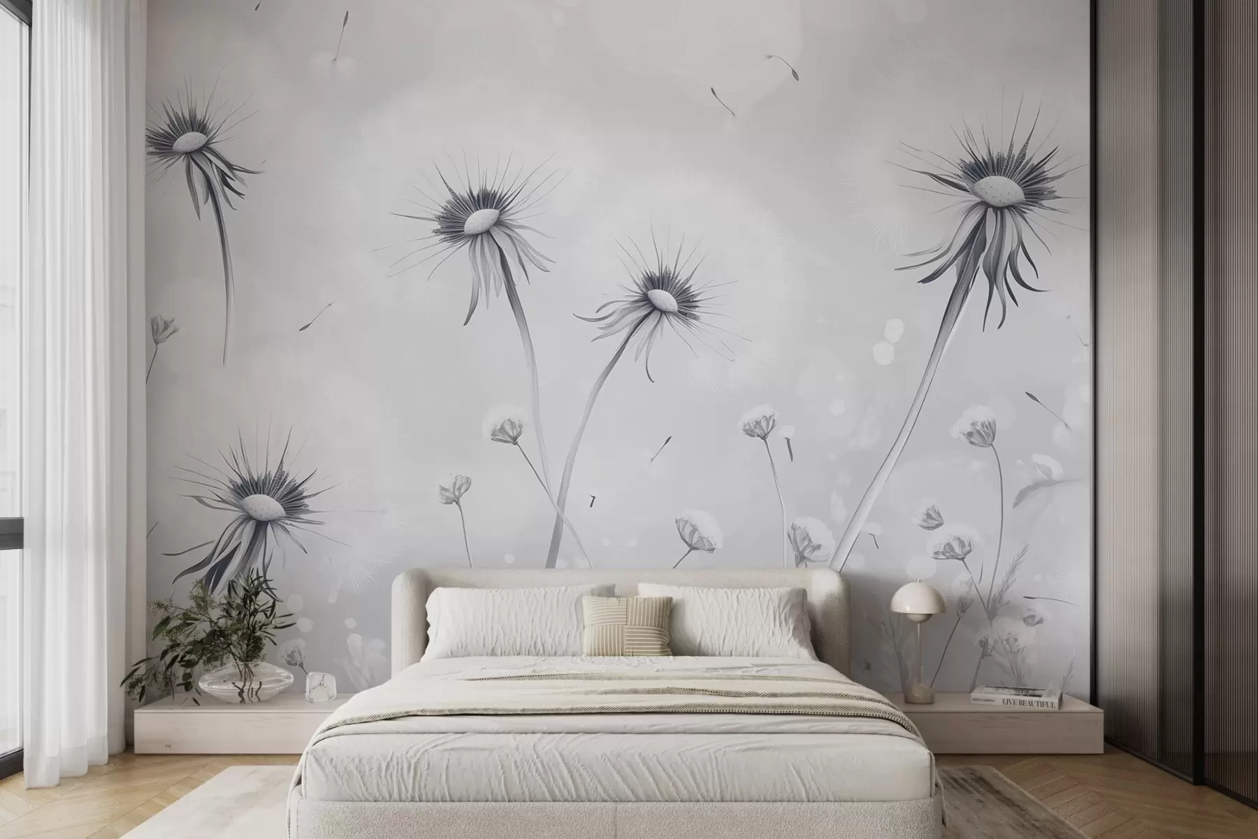 wall murals Elegant dandelions and wildflowers in painting style in blue tones w08657v2