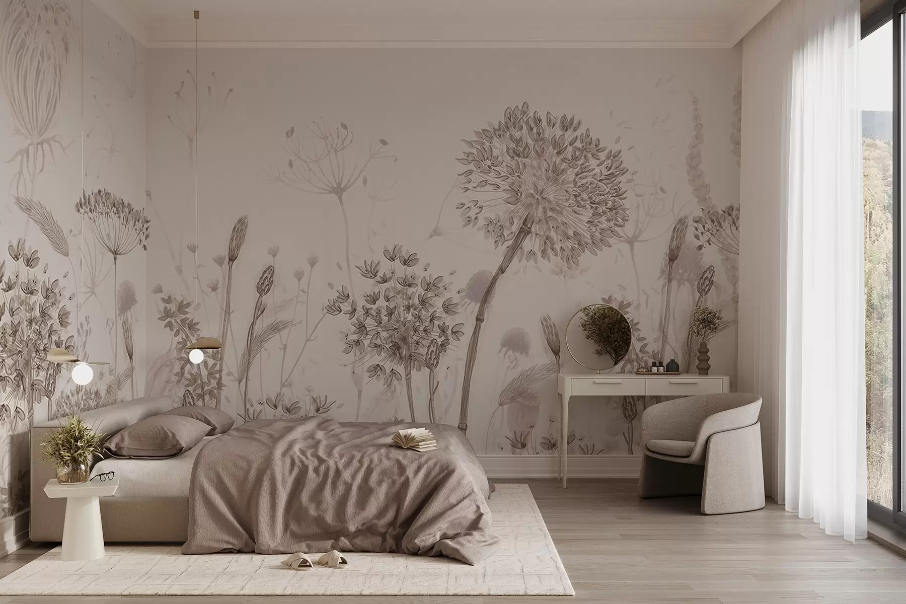 wall murals Airy dandelions and wildflowers in watercolor style w08637