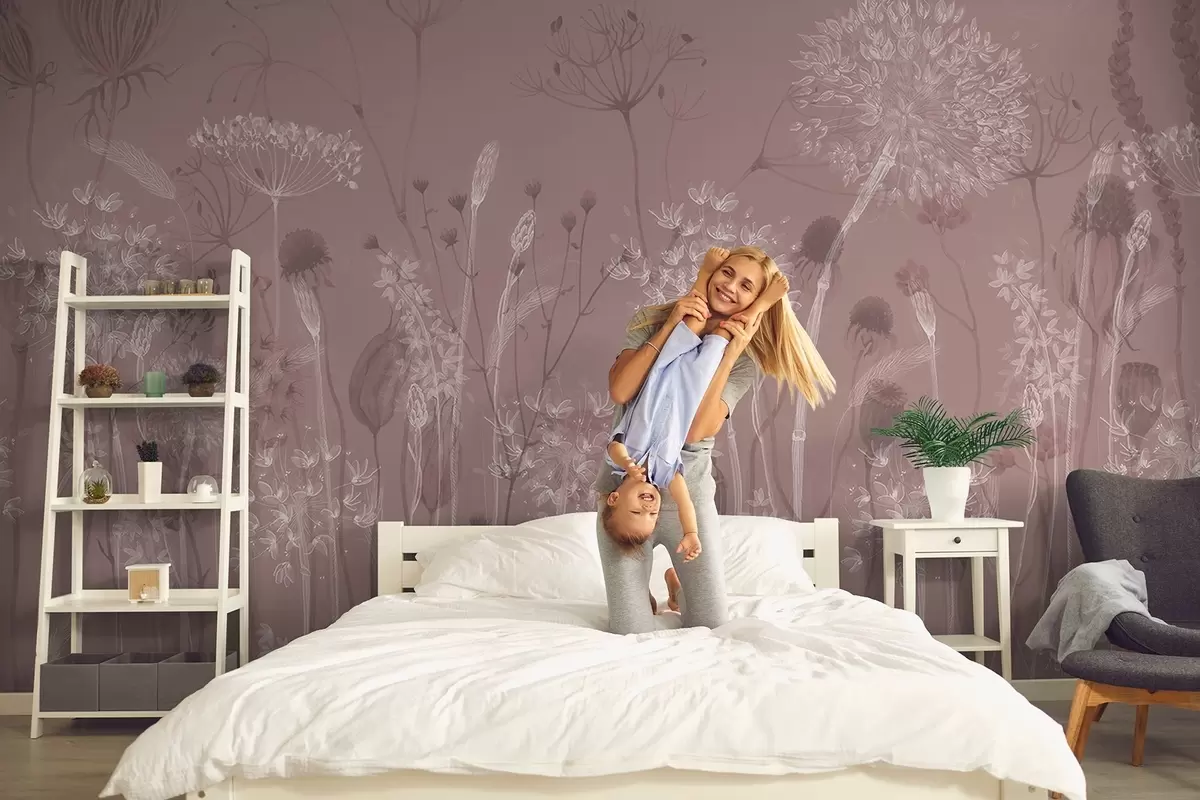 wall murals Airy dandelions and wildflowers in watercolor style in pink tones w08637v1