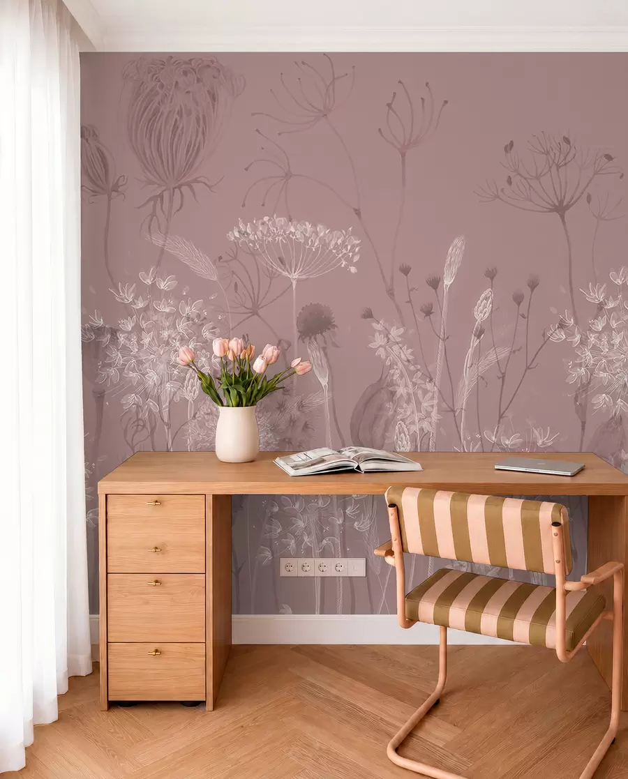 wall murals Airy dandelions and wildflowers in watercolor style in pink tones w08637v1
