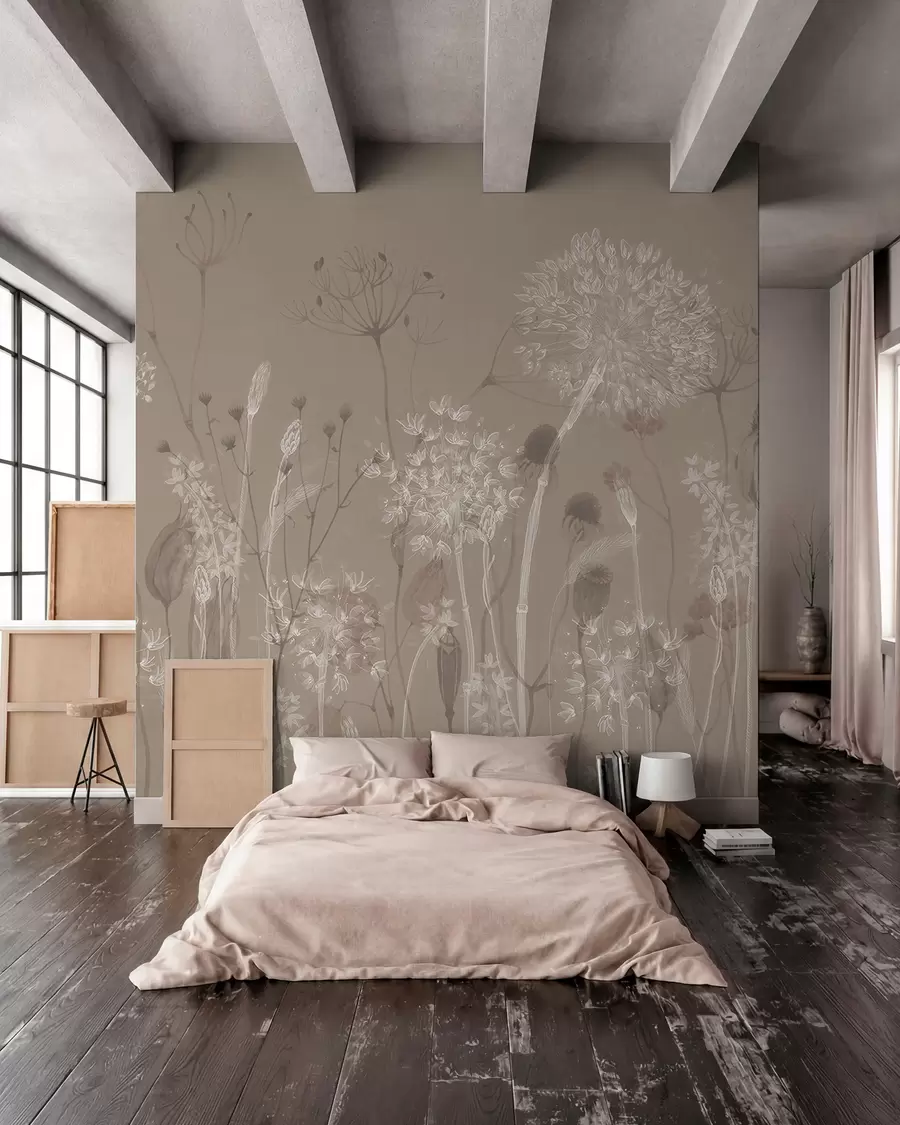 wall murals Graceful pattern with delicate dandelions, plants, and wildflowers in beige-grey tones w08637v2