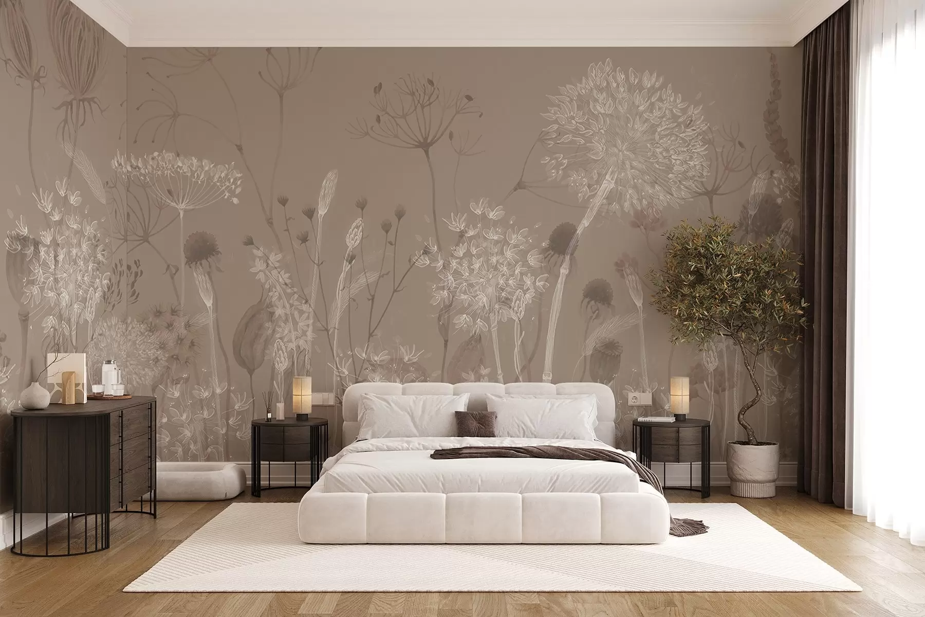 wall murals Graceful pattern with delicate dandelions, plants, and wildflowers in beige-grey tones w08637v2