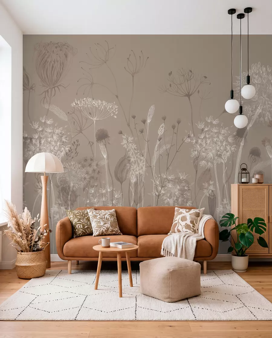 wall murals Graceful pattern with delicate dandelions, plants, and wildflowers in beige-grey tones w08637v2