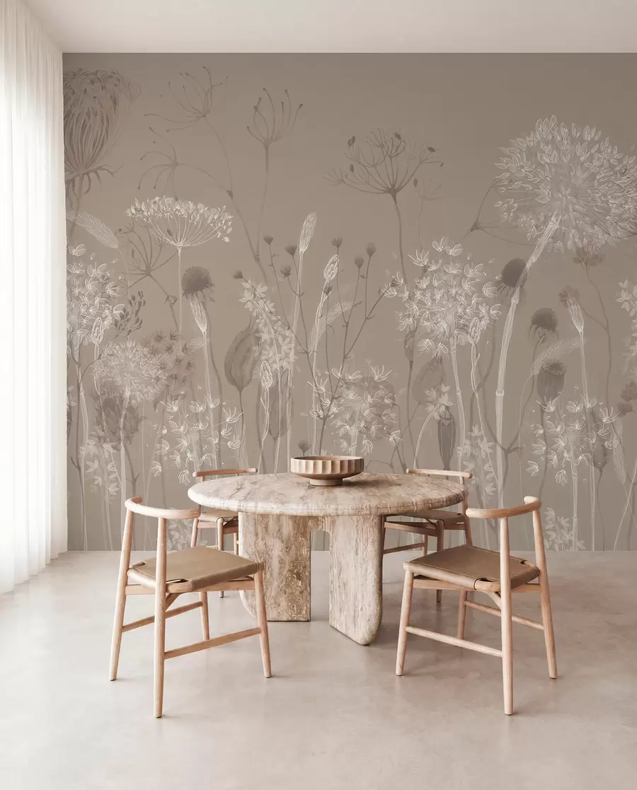 wall murals Graceful pattern with delicate dandelions, plants, and wildflowers in beige-grey tones w08637v2