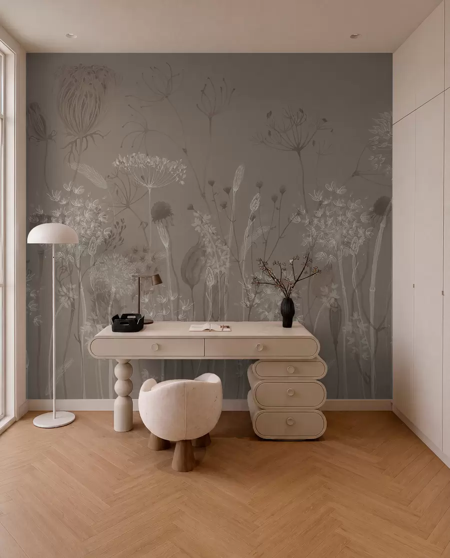 wall murals Graceful pattern with delicate dandelions, plants, and wildflowers in beige-grey tones w08637v2