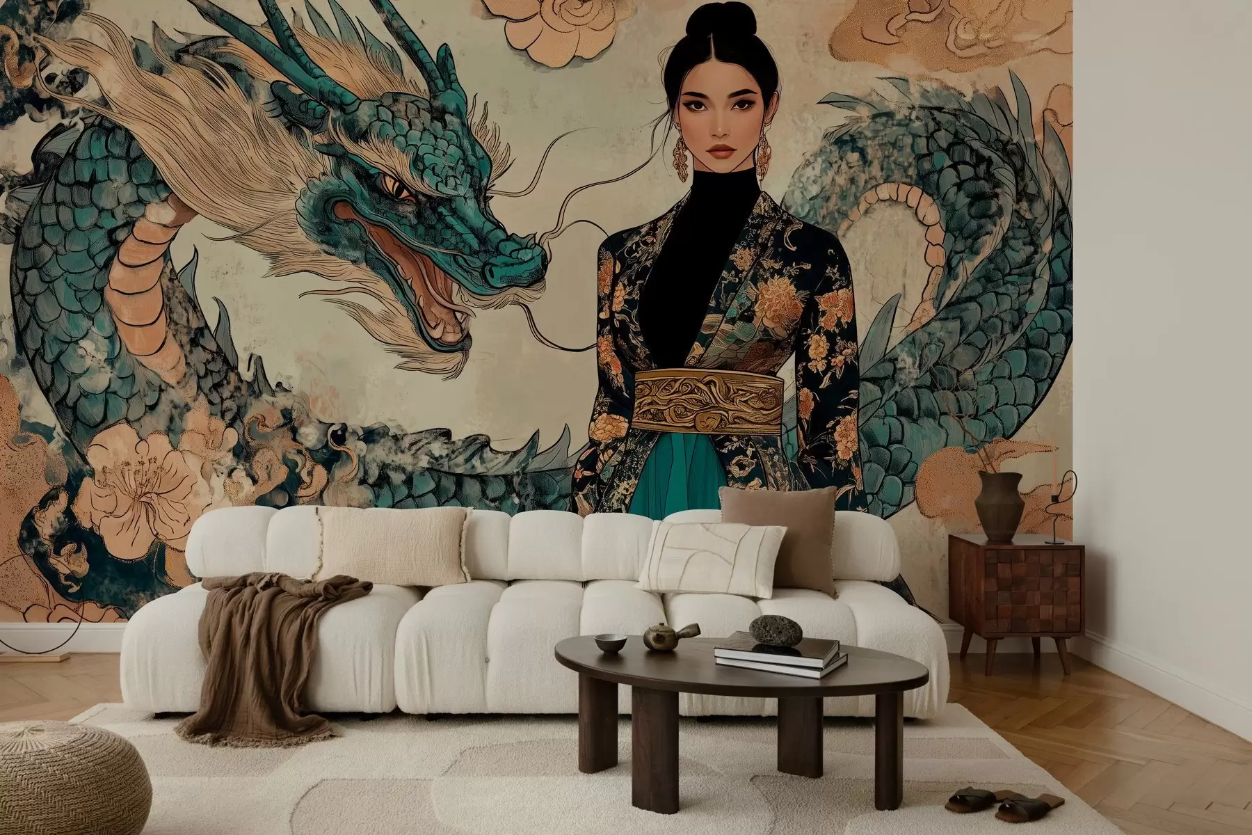 wall murals Woman in a robe with a dragon, oriental style w02875