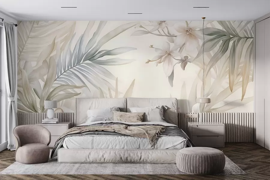 wall murals Pastel-colored tropical leaves and flowers, featuring light greens, creams, and subtle pinks w08660