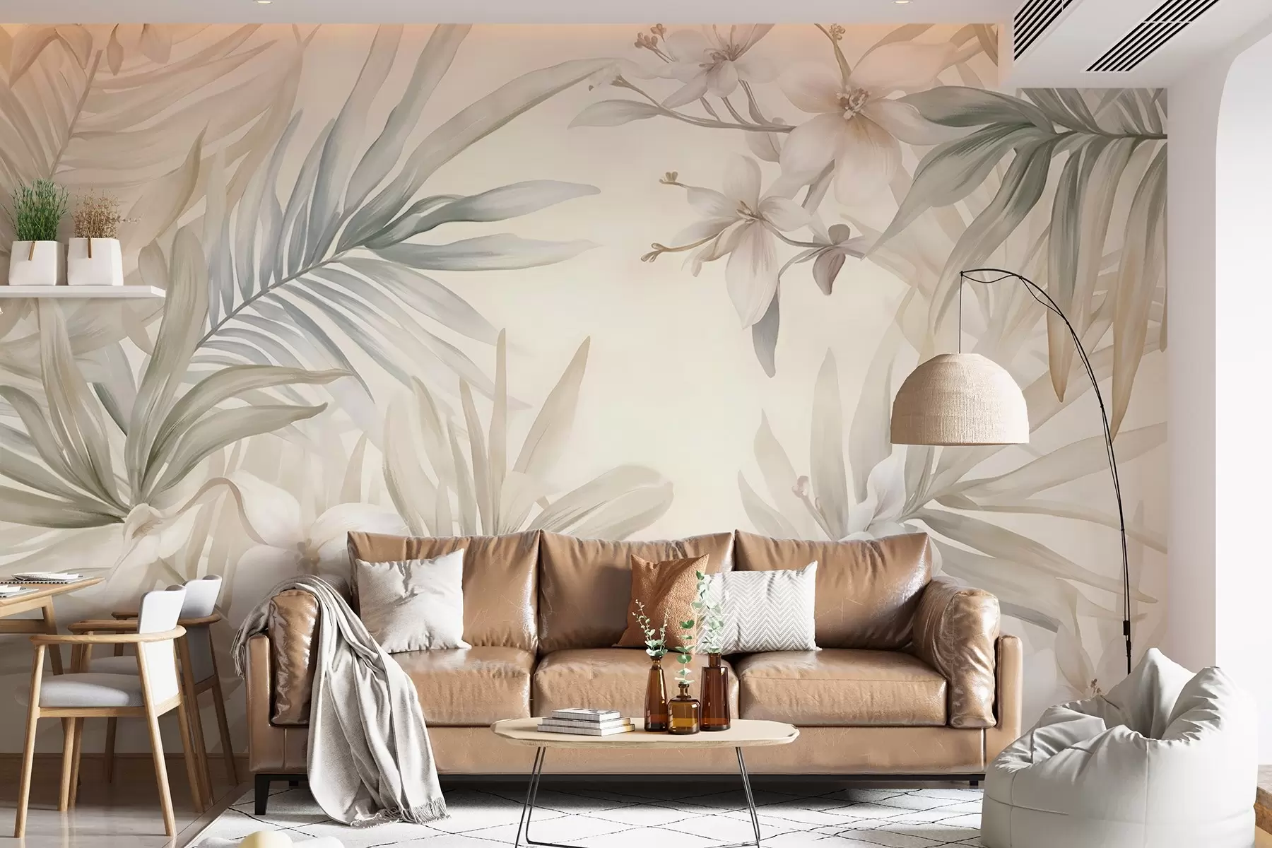 wall murals Pastel-colored tropical leaves and flowers, featuring light greens, creams, and subtle pinks w08660