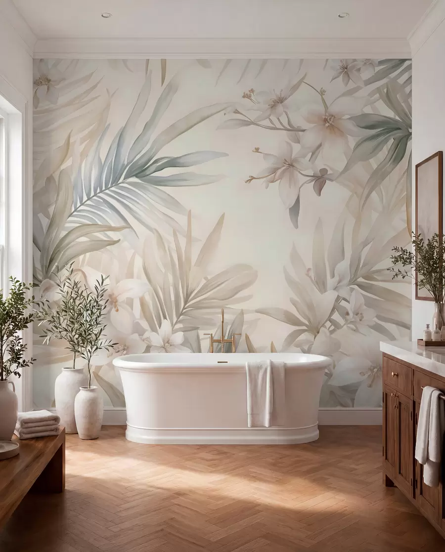 wall murals Pastel-colored tropical leaves and flowers, featuring light greens, creams, and subtle pinks w08660
