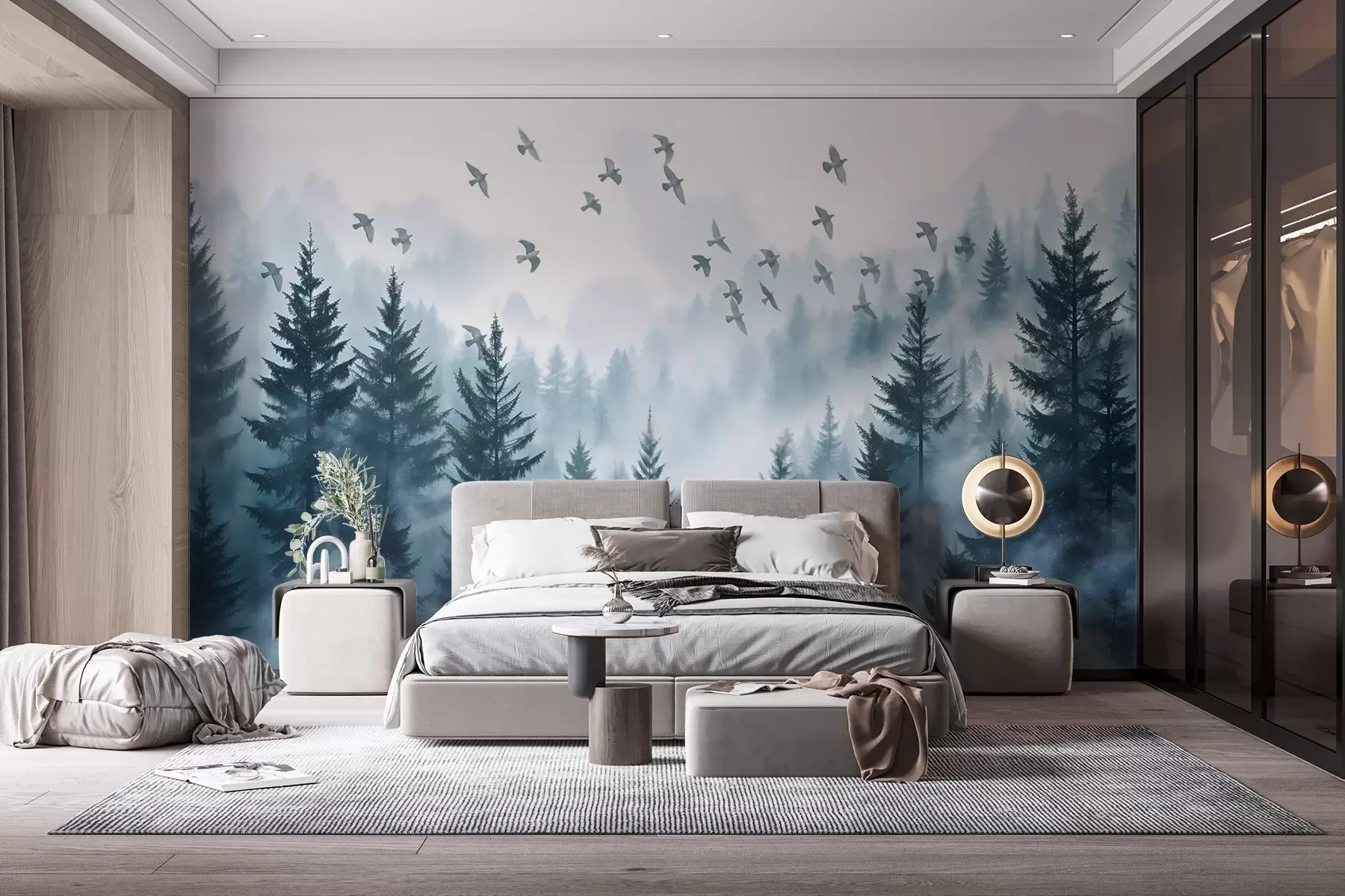 wall murals Tranquil foggy forest with trees in shades of blue and flock of birds is flying in the sky w08664