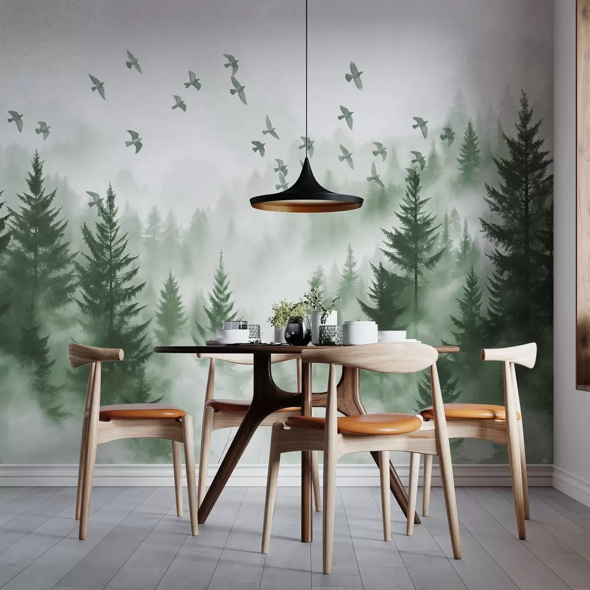 wall murals Tranquil foggy forest with trees in shades of green and flock of birds is flying in the sky w08664v1