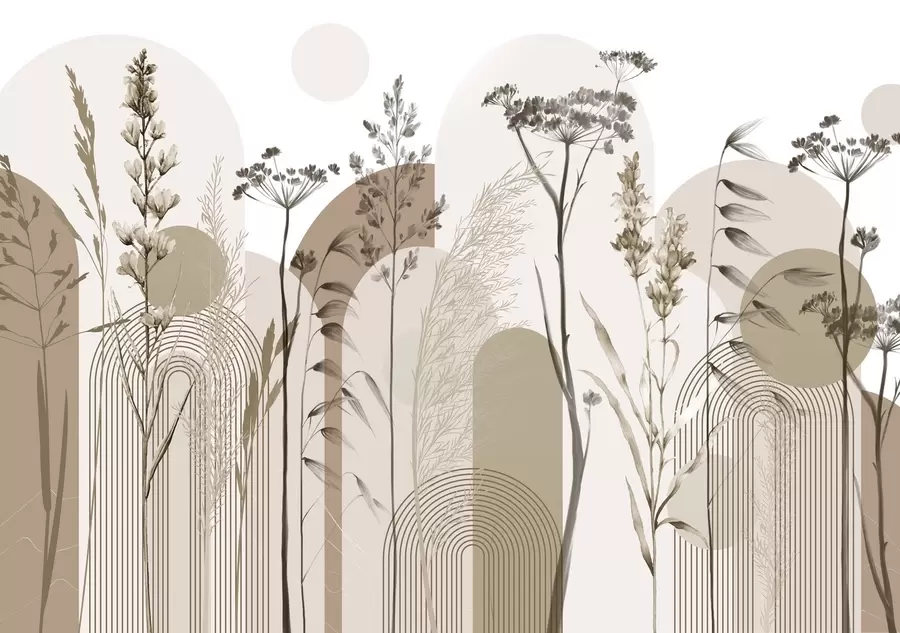 wall murals A collection of plants and flowers in neutral tones on abstract arch background in soft beige and brown hues w08665