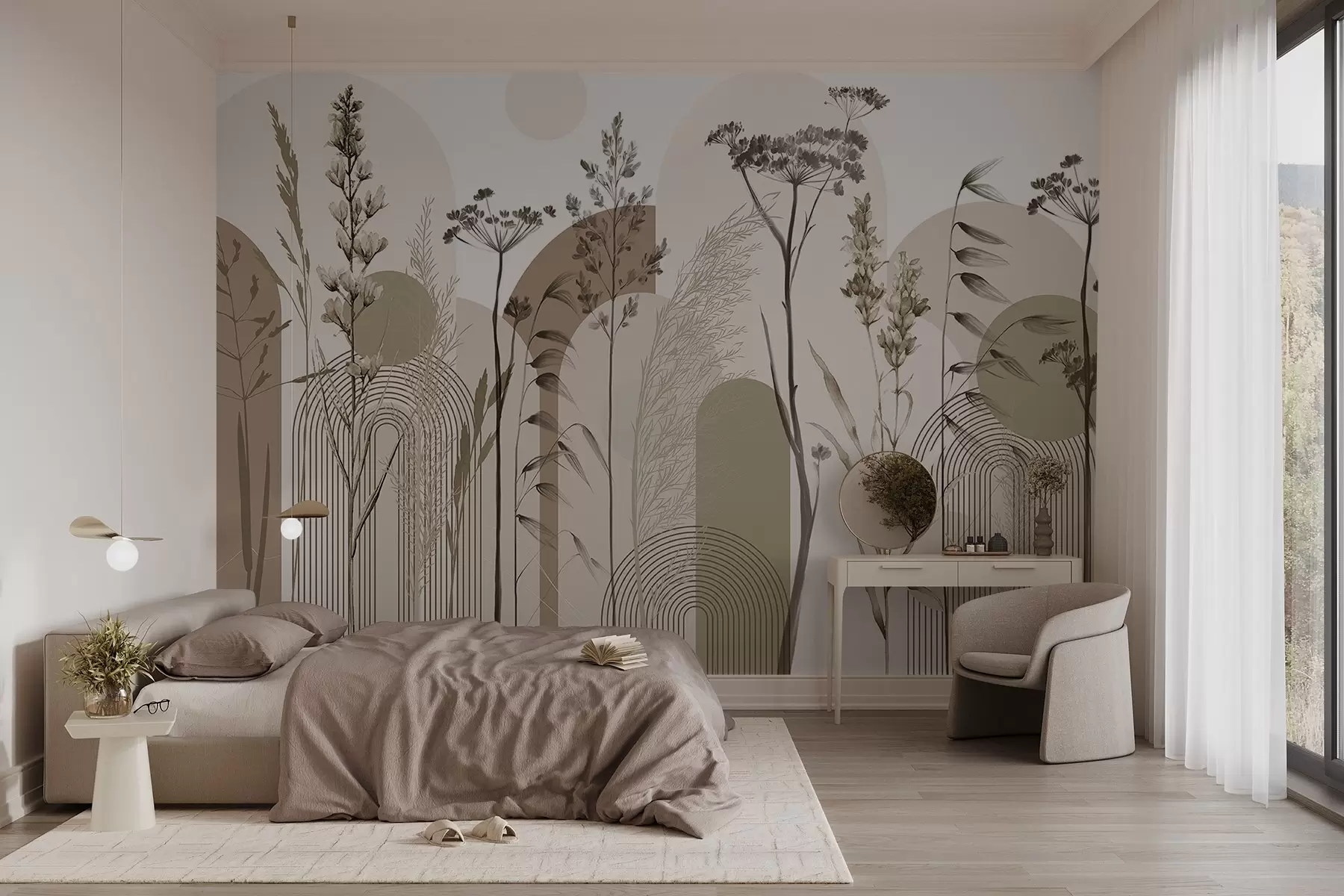 wall murals A collection of plants and flowers in neutral tones on abstract arch background in soft beige and brown hues w08665