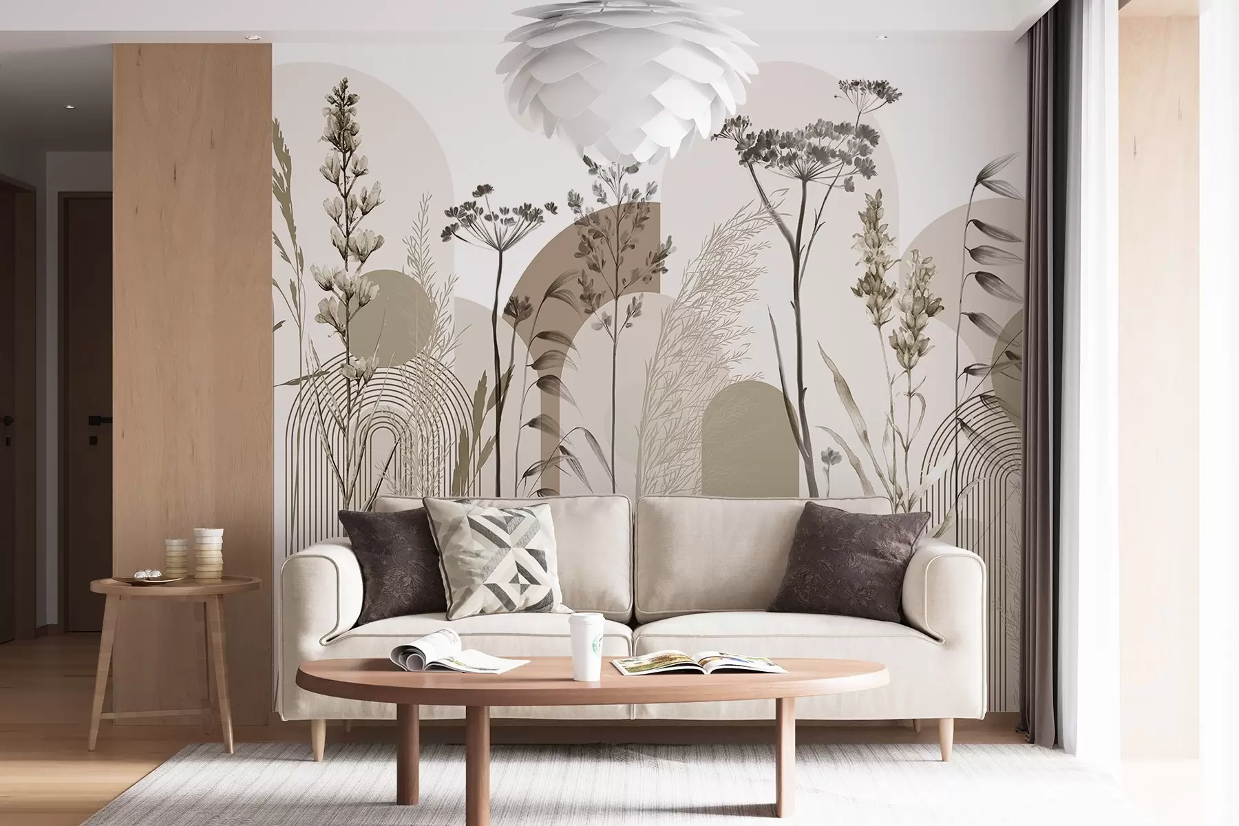 wall murals A collection of plants and flowers in neutral tones on abstract arch background in soft beige and brown hues w08665