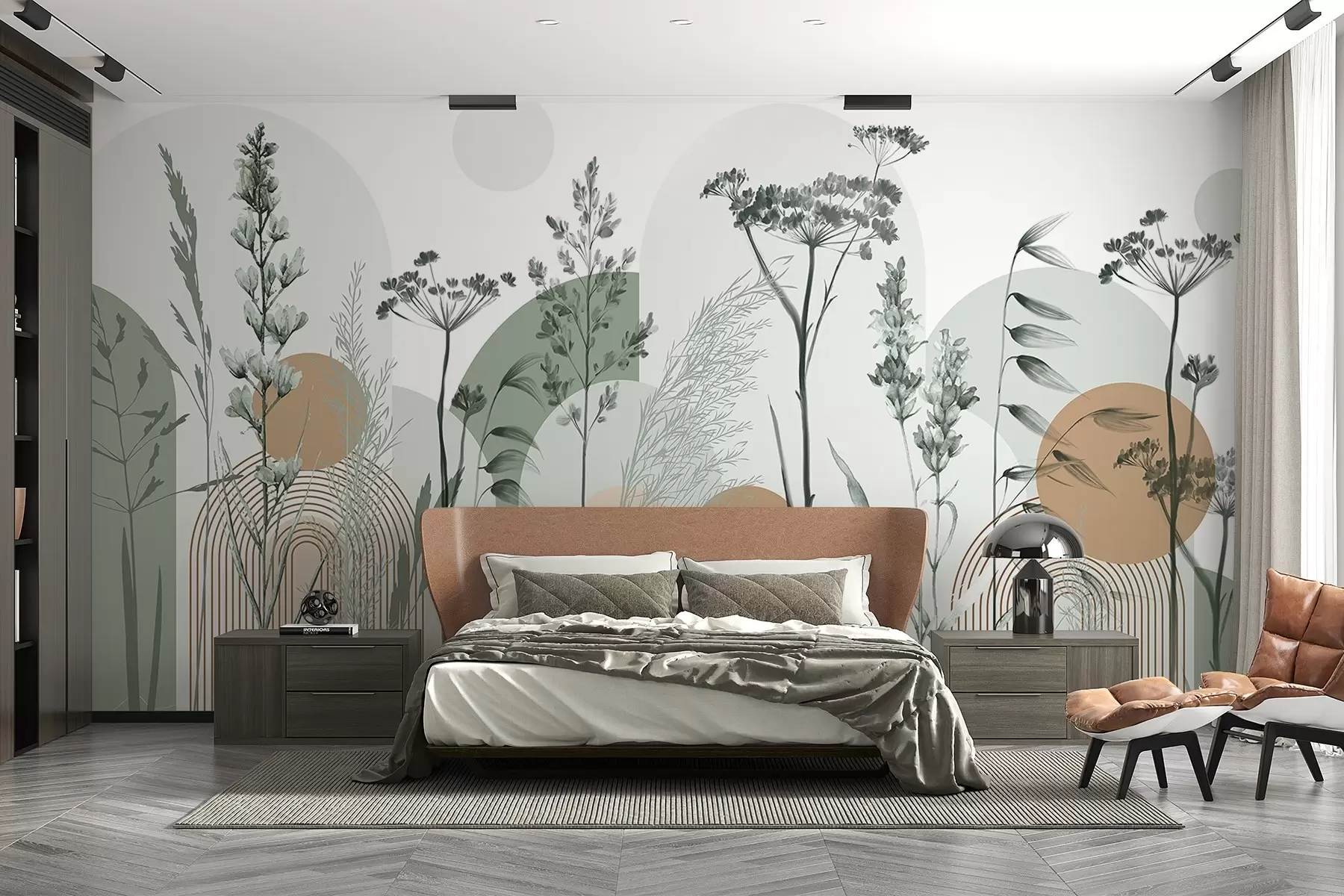 wall murals A collection of plants and flowers in neutral tones on abstract arch background in soft green and orange hues w08665v1