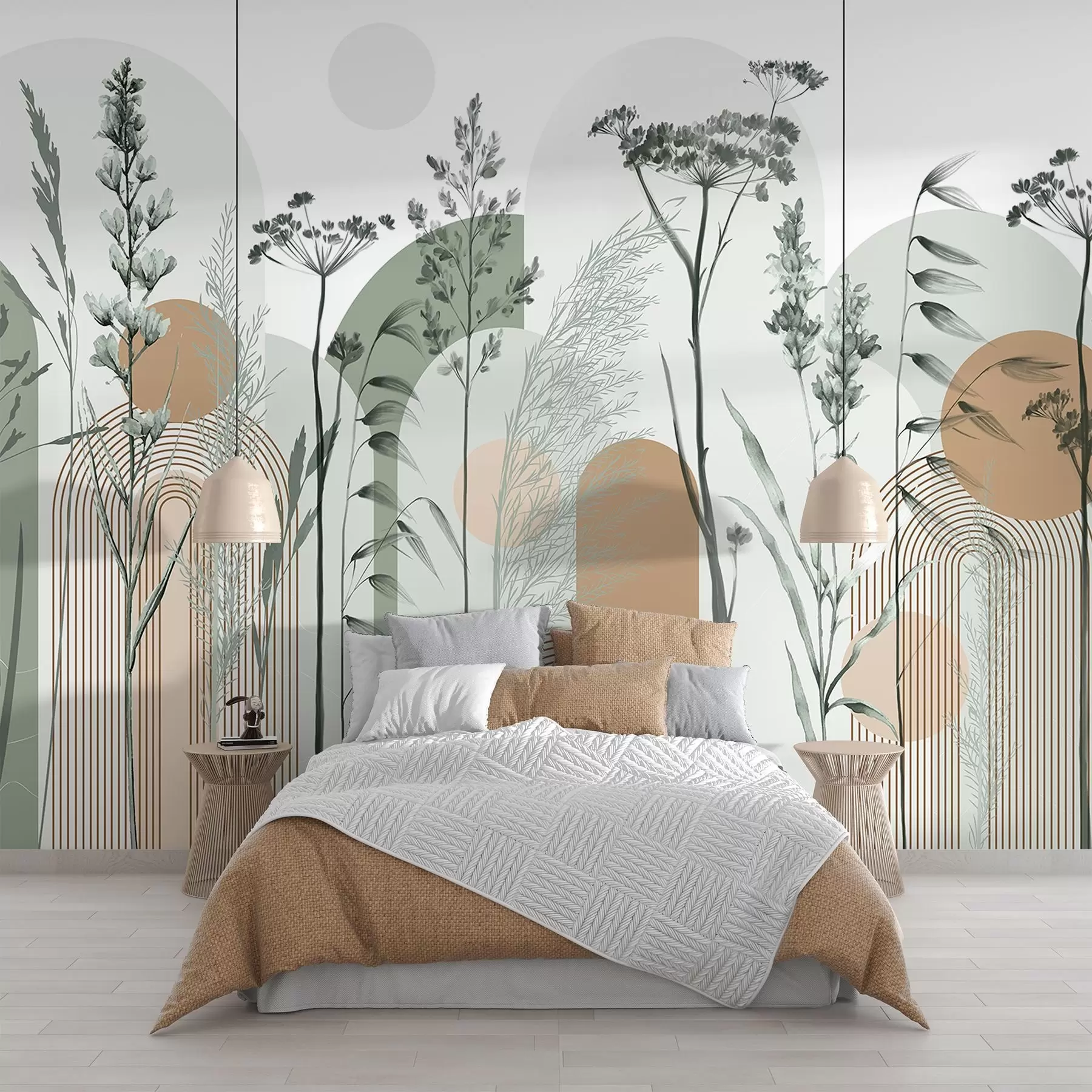 wall murals A collection of plants and flowers in neutral tones on abstract arch background in soft green and orange hues w08665v1