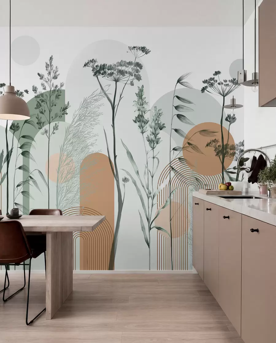 wall murals A collection of plants and flowers in neutral tones on abstract arch background in soft green and orange hues w08665v1