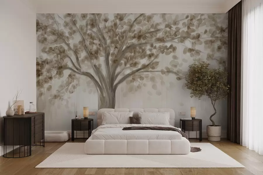 wall murals A large tree with soft, abstract leaves in beige on a light, neutral background enhancing the tree's tones w08669