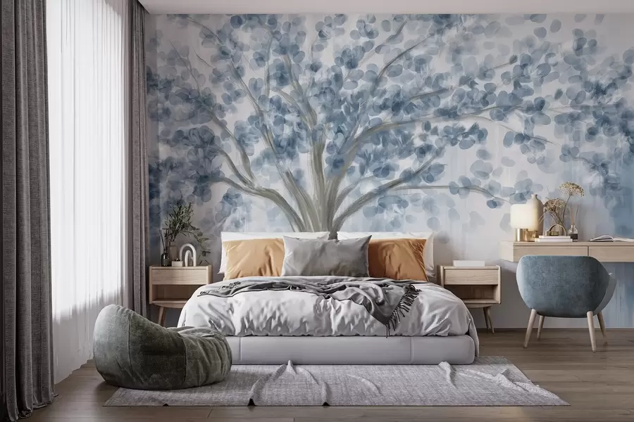 wall murals A large tree with soft, abstract leaves in blue on a light, neutral background enhancing the tree's tones w08669v1