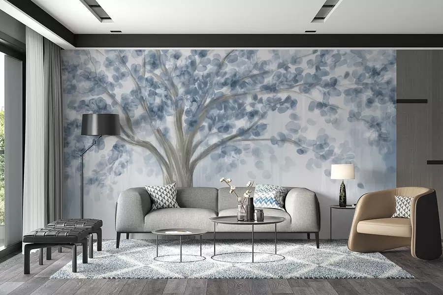 wall murals A large tree with soft, abstract leaves in blue on a light, neutral background enhancing the tree's tones w08669v1