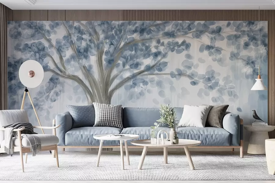 wall murals A large tree with soft, abstract leaves in blue on a light, neutral background enhancing the tree's tones w08669v1