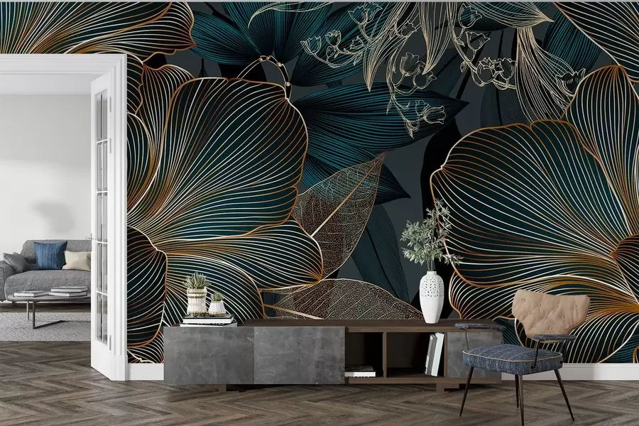wall murals Stylized flowers and leaves with intricate line work in shades of teal and yellow on dark background w08675
