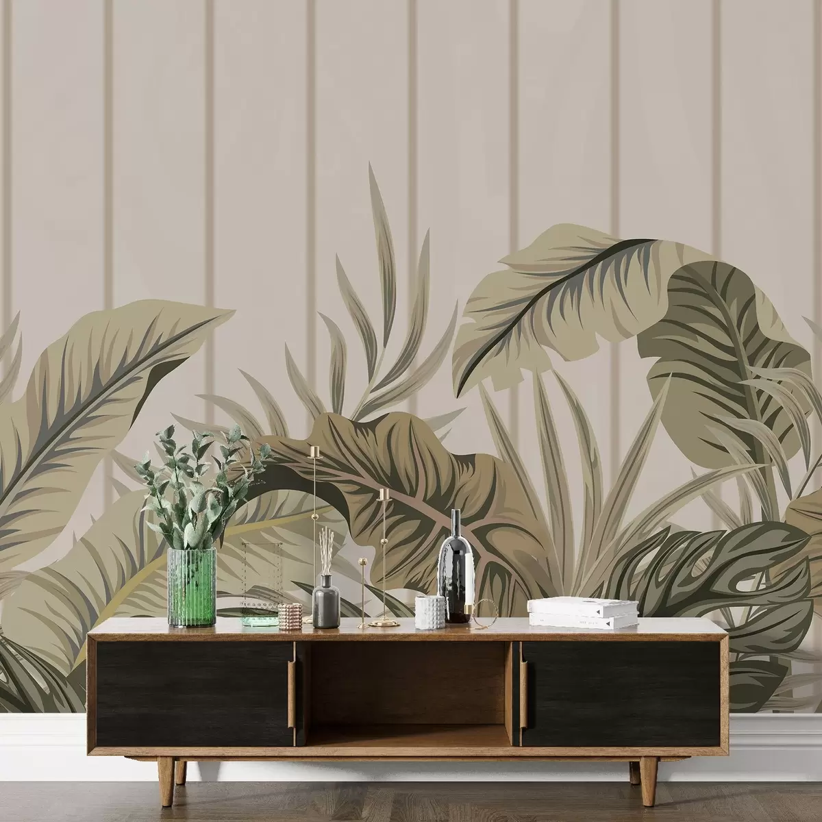 wall murals Tropical foliage pattern in muted green and beige tones on a light background with vertical lines w08683