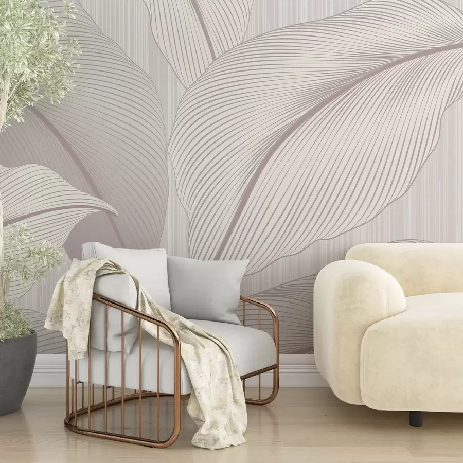wall murals Subtle pattern with large leaves in soft pastel colours on a light background with light texture details w08684