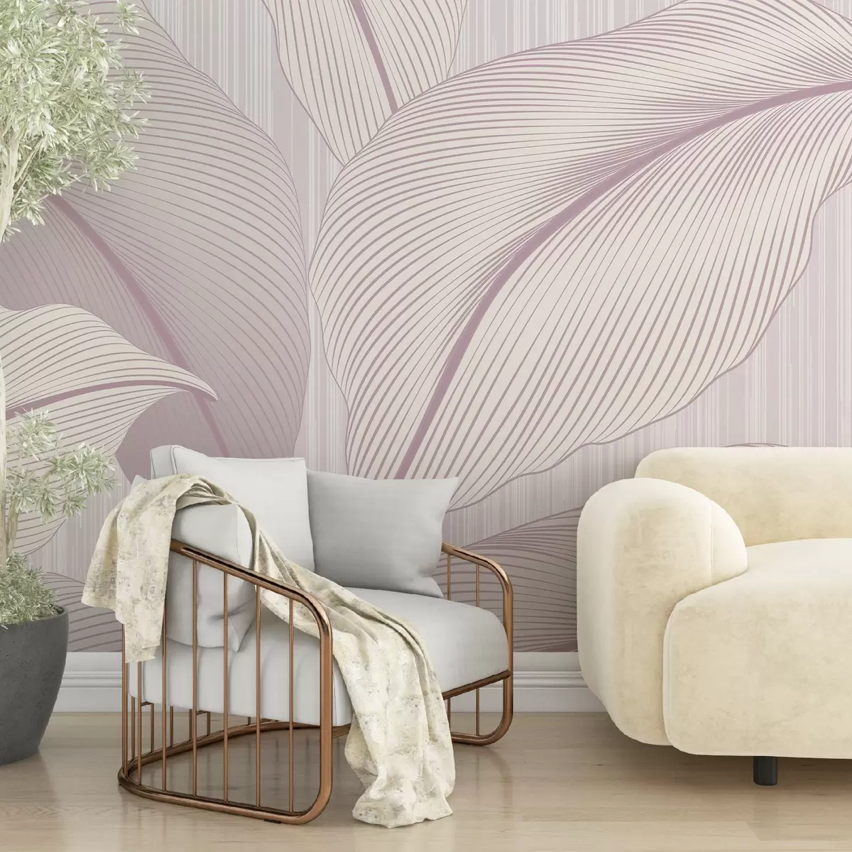 wall murals Elegant pattern with large leaves in soft pink tones on a light background with delicate texture details w08684v2