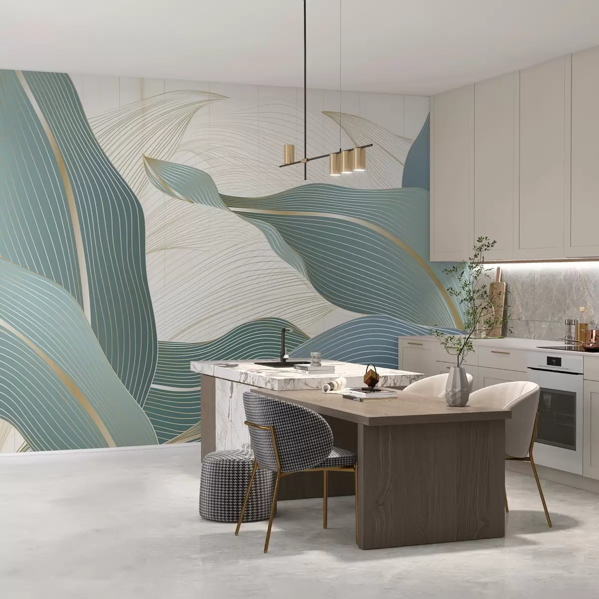 wall murals Abstract pattern with large wavy leaves in shades of blue and beige on a light background with subtle textures w08686