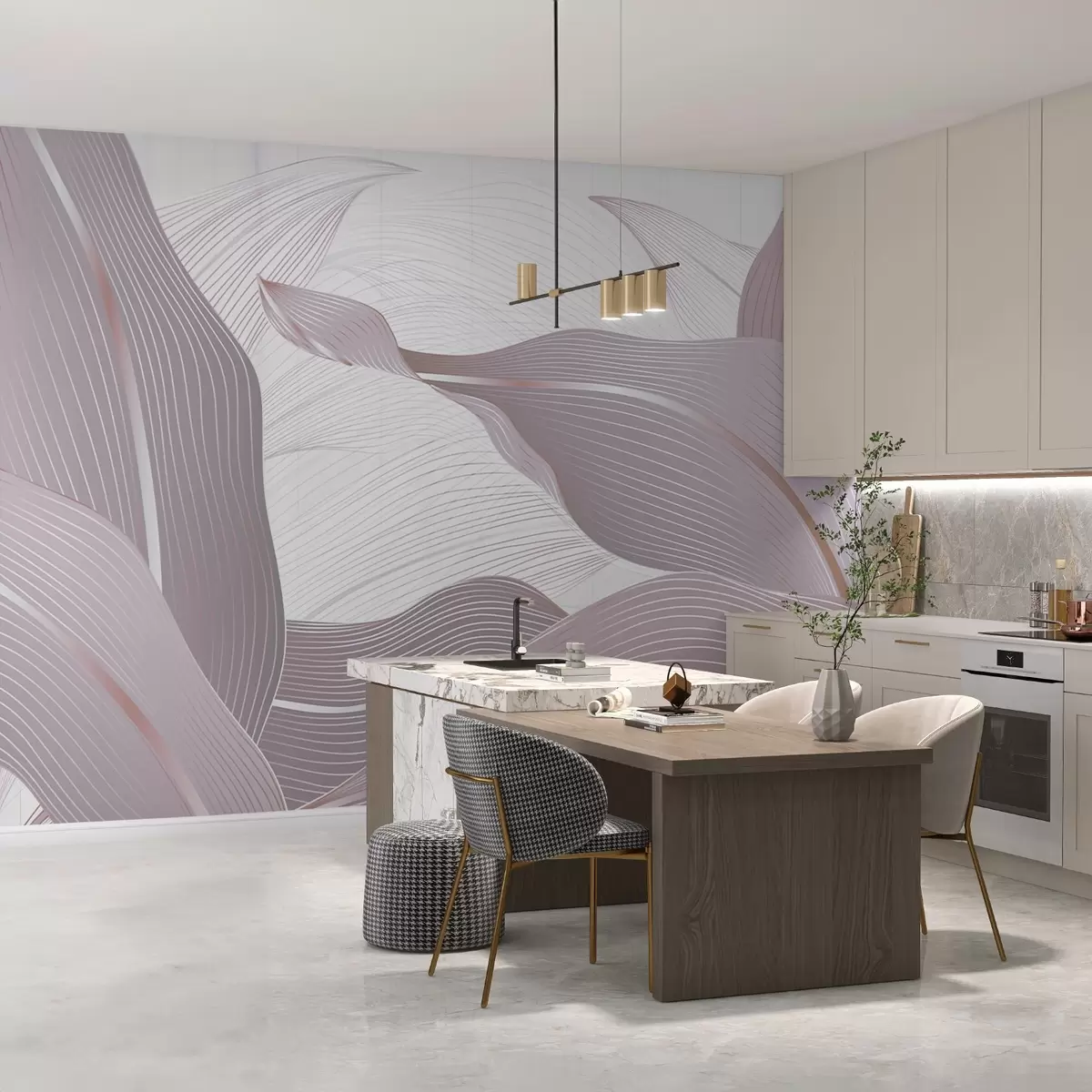 wall murals Abstract pattern with wavy leaves in soft pink shades on a light background with smooth texture transitions w08686v2