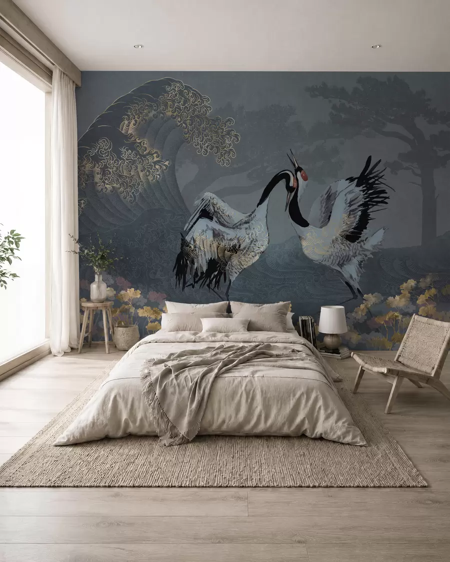 wall murals Cranes, trees and waves with Chinese style elements w02747